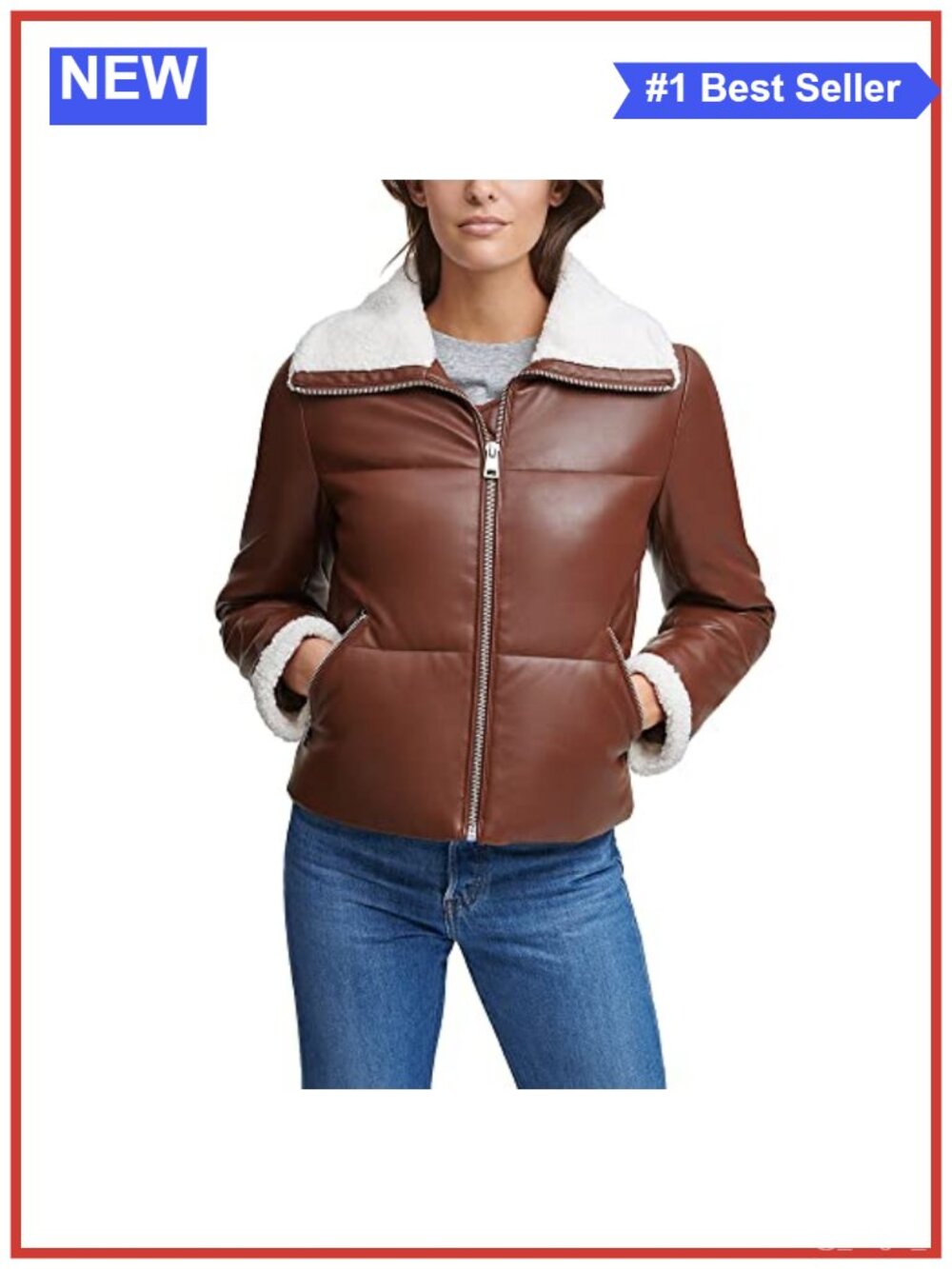 Faux Leather Puffer Jacket With Sherpa Lined Collar
